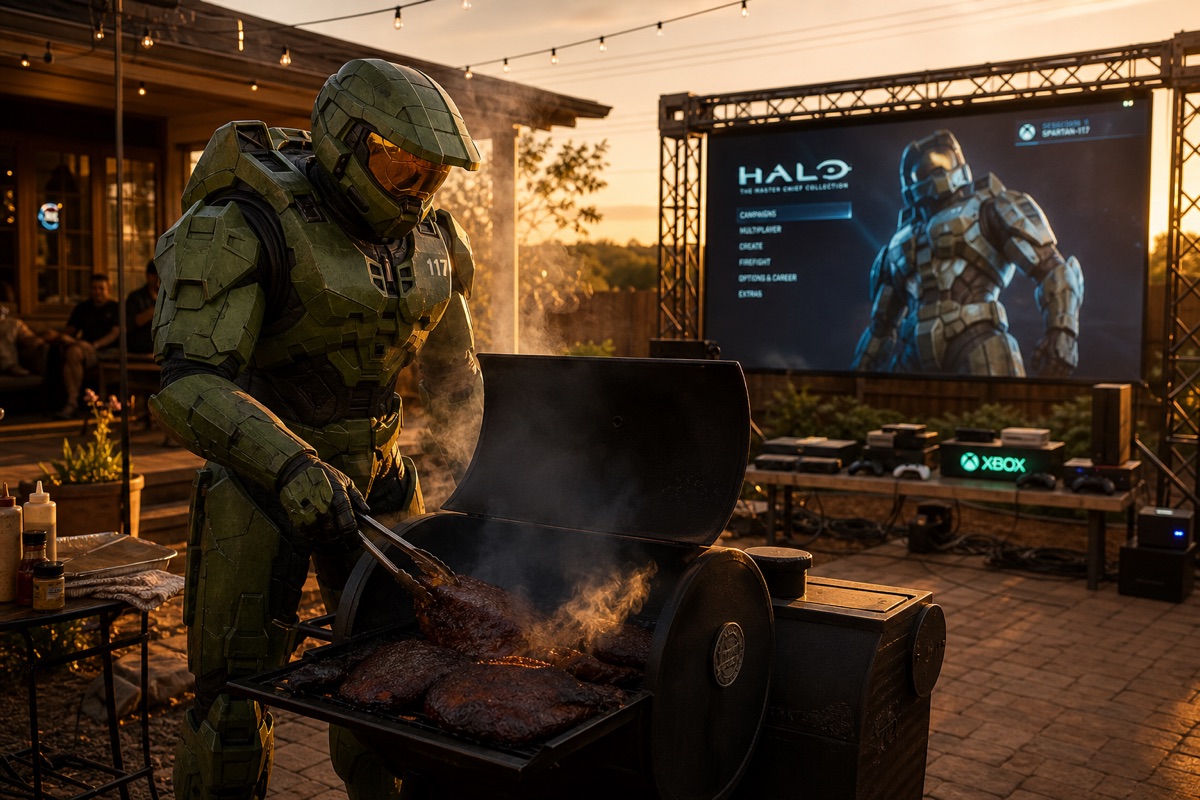 A Spartan in full armor tending a smoking brisket